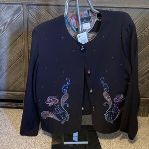 NWT Carole Little Black Jacket with Purple Floral Embroidery, bead button detail
